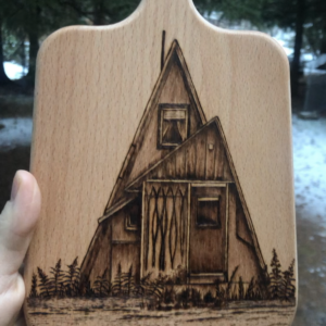 Hatcher Pass cabin on mini serving board beechwood